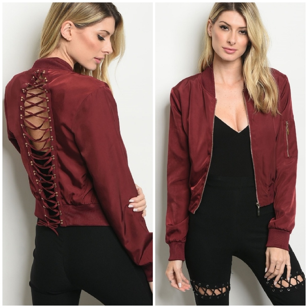 SOLD OUT.   Lace Back Burgundy Bomber Jacket